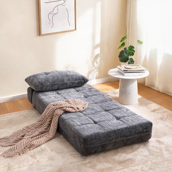 Canapé-lit pliant en tissu chenille gris mousse haute densité 79 pouces carrés coussins amovibles