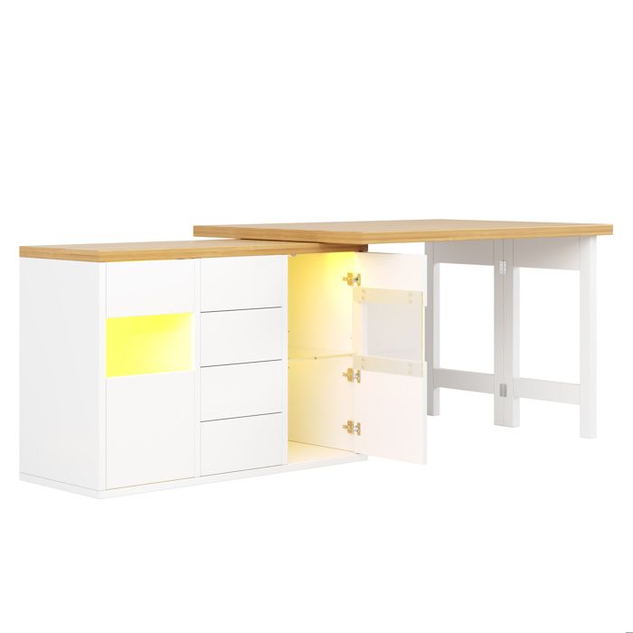 Îlot de cuisine pivotant 360° avec LED RGB portes vitrées 4 tiroirs et étagères réglables blanc