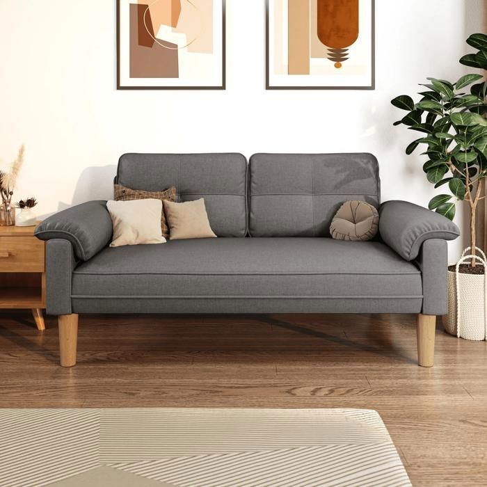 Canapé 2 places 145x77x77 cm - moderne avec poche latérale et accoudoirs - housse douce en lin