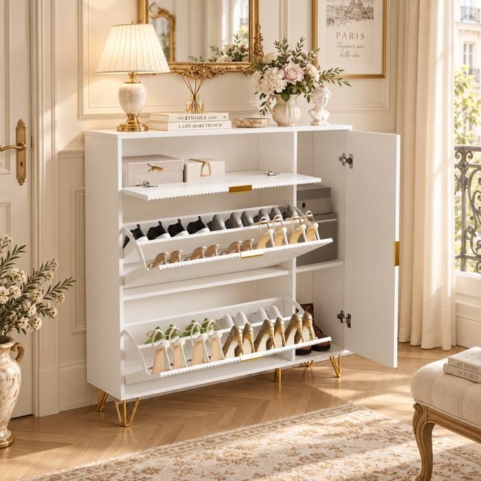 Meuble à chaussures blanc 110 cm Commode avec 2 abattants 1 porte latérale étagères réglables rangement pour entrée Blanc