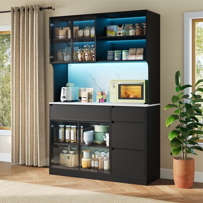 Vaisselier Buffet Grand Bahut Meuble de Salon - 120x40x180cm - Vitrine Lumineuse LED Effet Marbre MDF Rangement - Noir et Blanc