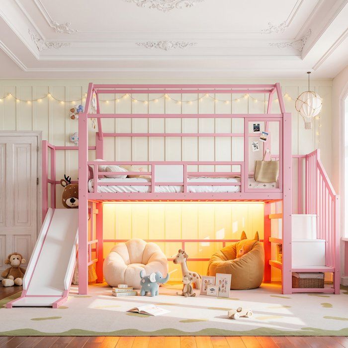 Lit surélevé enfant maison métal rose avec toboggan escalier rangement & LED Bluetooth certifié EN 747 matelas 90x200 cm