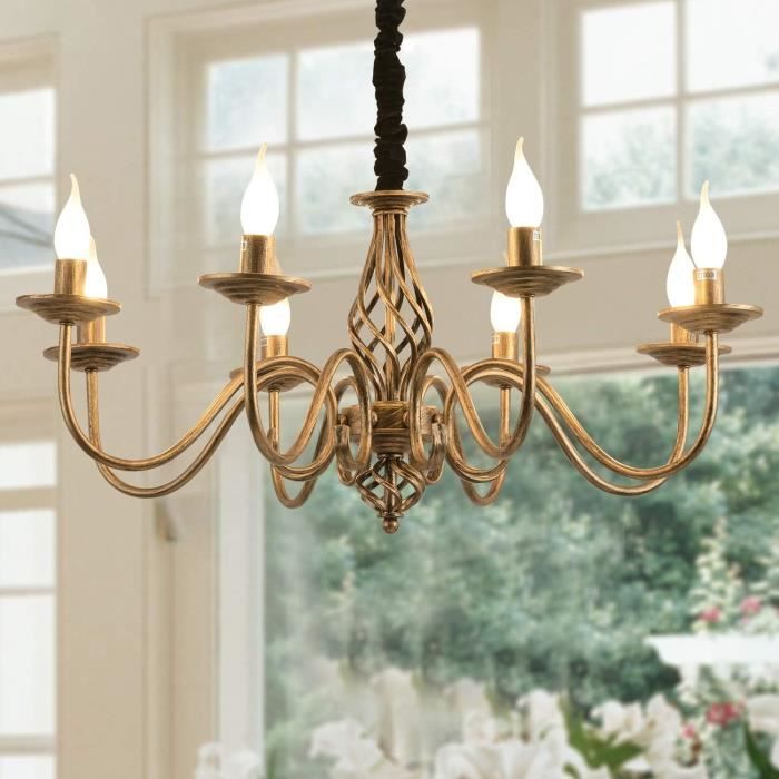 Ganeed Lustre de campagne français vintage à 8 lumières pour salle à manger de ferme métal bronze E14 chaîne : 354 réglable