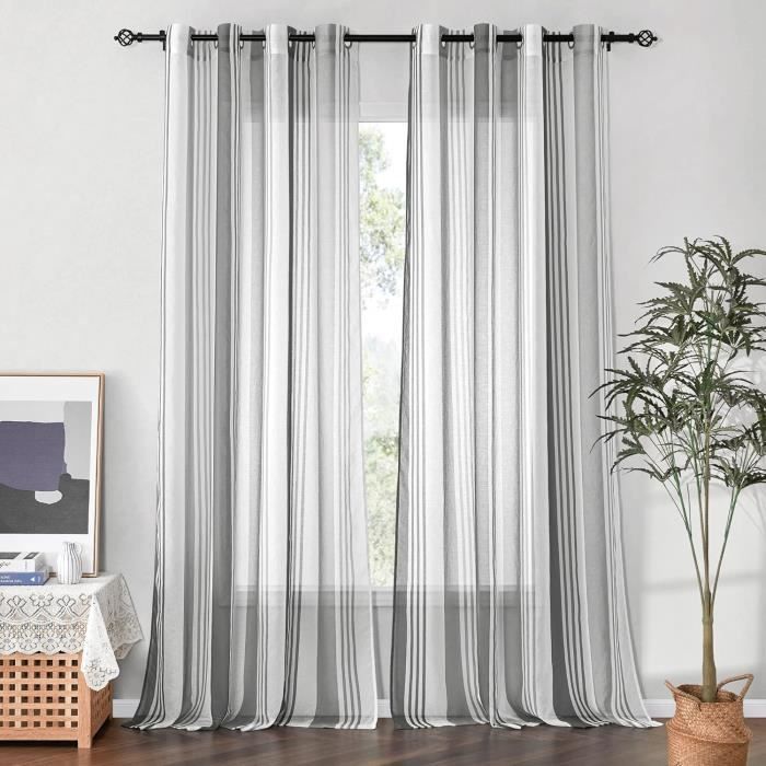 Rideaux Voilage Dégradé Gris Et Blanc 140x225 Cm - 2 Pièces, Semi-Transparent, Œillets, Salon Ou Chambre