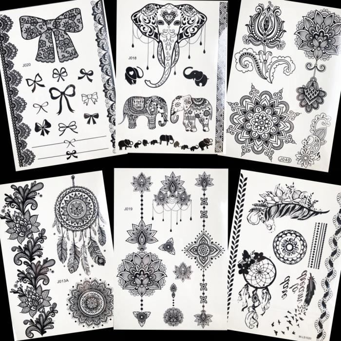 6 Morceaux Faux Mode Noir Tatouage Autocollants Femmes Corps