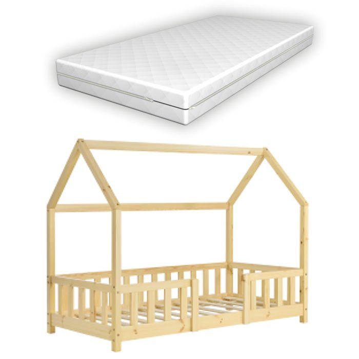 lit pour enfant cabane maison avec matelas barrière et soier à lattes en bois de pin naturel 70 par 140