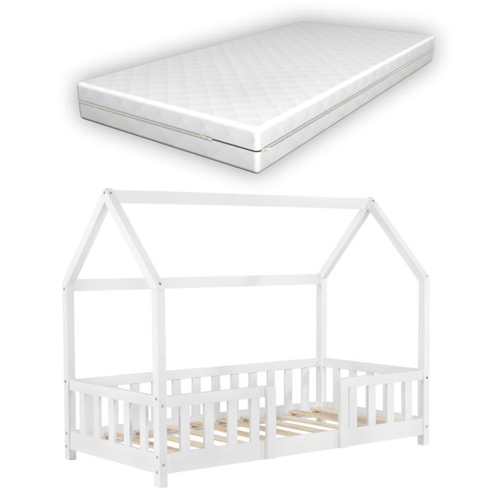 Lit pour enfant cabane maison avec matelas barriere et sommier a lattes en bois de pin blanc 80 x 160 cm 03_0005482 Lit pour enfant cabane maison avec matelas barriere et sommier a lattes en bois de pin blanc 80 x 160 cm 03_0005482