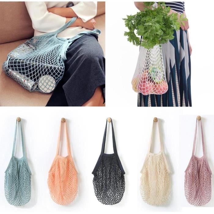 Sac Filet Réutilisable En Coton - Pour Fruits, Légumes, Plage, Shopping, Pliable, Grande Capacité, Plusieurs Couleurs