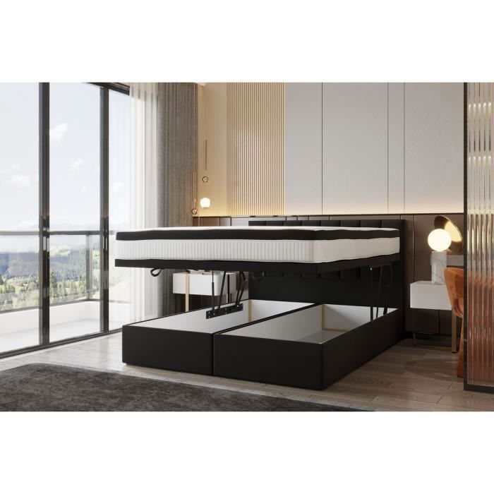 Lit adulte 160x200 cm BOND - avec rangement et matelas ressorts ensachés - tissu velours - noir Lit adulte 160x200 cm BOND - avec rangement et matelas ressorts ensachés - tissu velours - noir