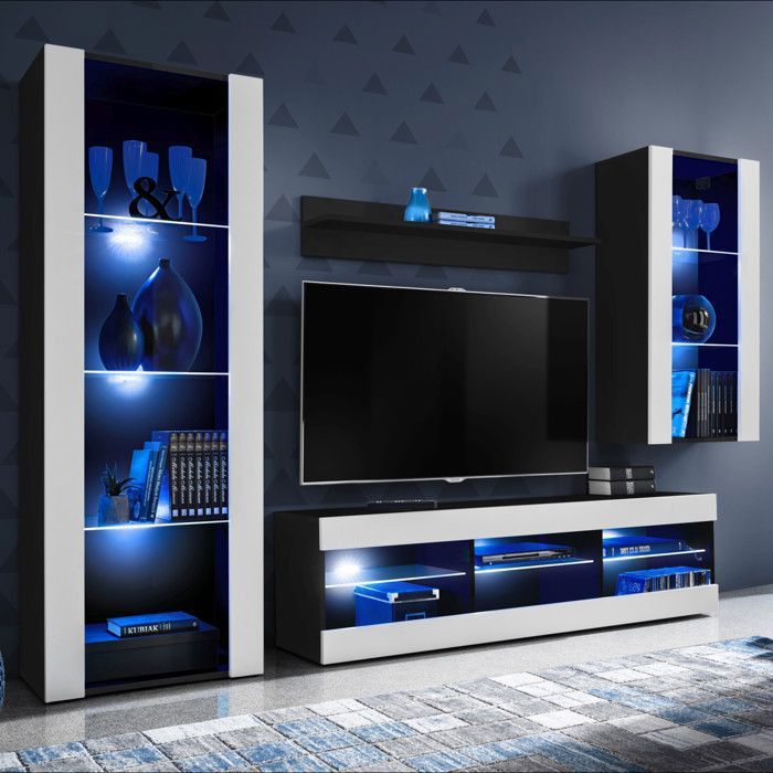 Meuble TV Tivoli Set Medio Komodee - LED bleues - Blanc Mat ET Noir - Facades en Mat - 195x159x35 cm Meuble TV Tivoli Set Medio Komodee - LED bleues - Blanc Mat ET Noir - Facades en Mat - 195x159x35 cm