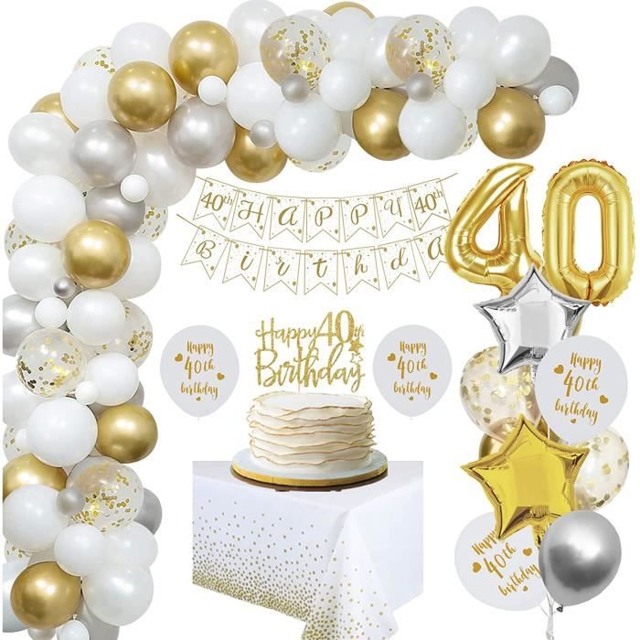Decoration anniversaire 40 ans homme femmes, or blanc ballons