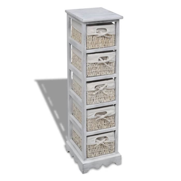Meuble Rangement - Jill - TOP Étagère de rangement en bois 5 paniers en tissage Blanc Armoire de chambre FR9721