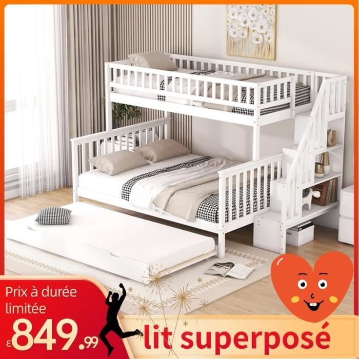 comanlai lits superposés avec lit pliant et escalier ,lits pour enfants,140 x 200cm，90 x 200cm，blanc