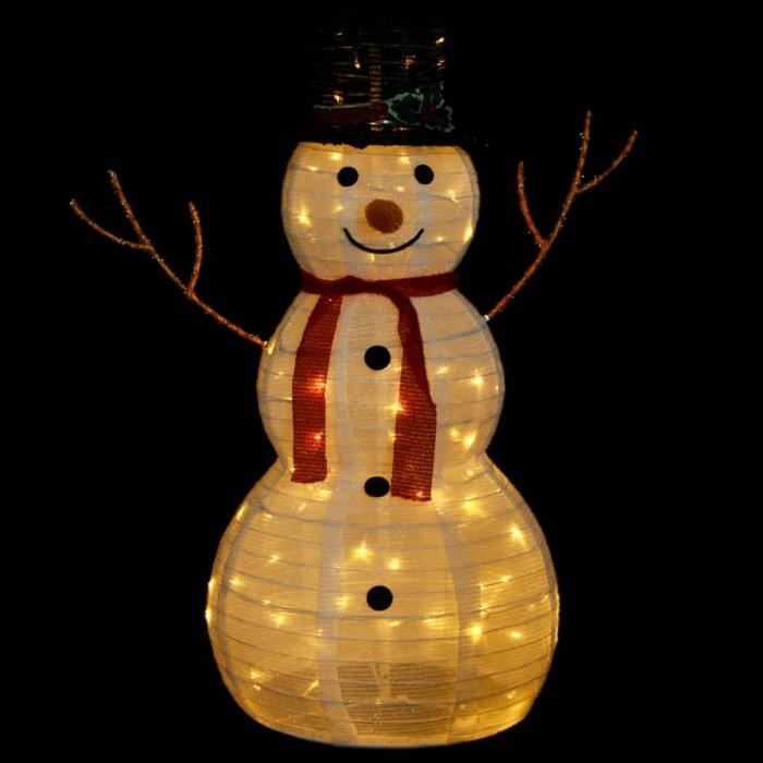Décor Bonhomme De Neige LED 90 Cm Tissu - Lumière Blanc Chaud - Décoration De Noël Éclairée - 90 LED