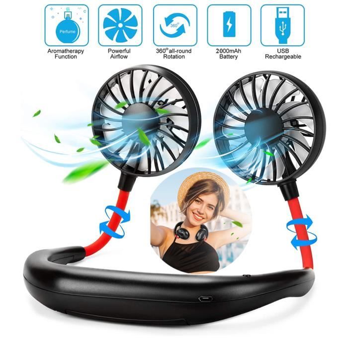 Mini Ventilateur USB Rechargeable Mains Libres Ventilateur de Cou Ventilateur Portable Nuque 2000mAh 3 Vitesses avec Lumières LED 360°de Rotation pour Bureau Room Voyage,Noir 3 Ventilateur Portable 