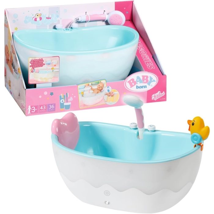 Baby Born Baignoire pour poupée Bain moussant musicale Sons de splash et lumières Véritable douchette + canard jaune Dés