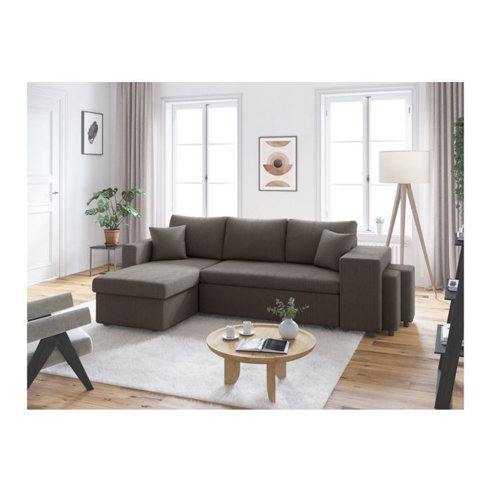 Canapé dangle réversible convertible OSLO coffre 2 poufs à droite en velours côtelé gris foncé - L241 x P146 x H81cm - LOUNGITUDE Canapé dangle réversible convertible OSLO coffre 2 poufs à droite en velours côtelé gris foncé - L241 x P146 x H81cm - LOUNGITUDE