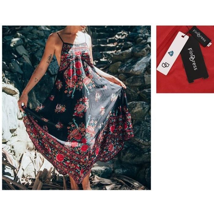 Finddress Robe Bohême Chic été Bretelle Robe Longue Grande Taille Robe Fluide Lâche Impression Floral Robe De Plage Femme Des Vacanc