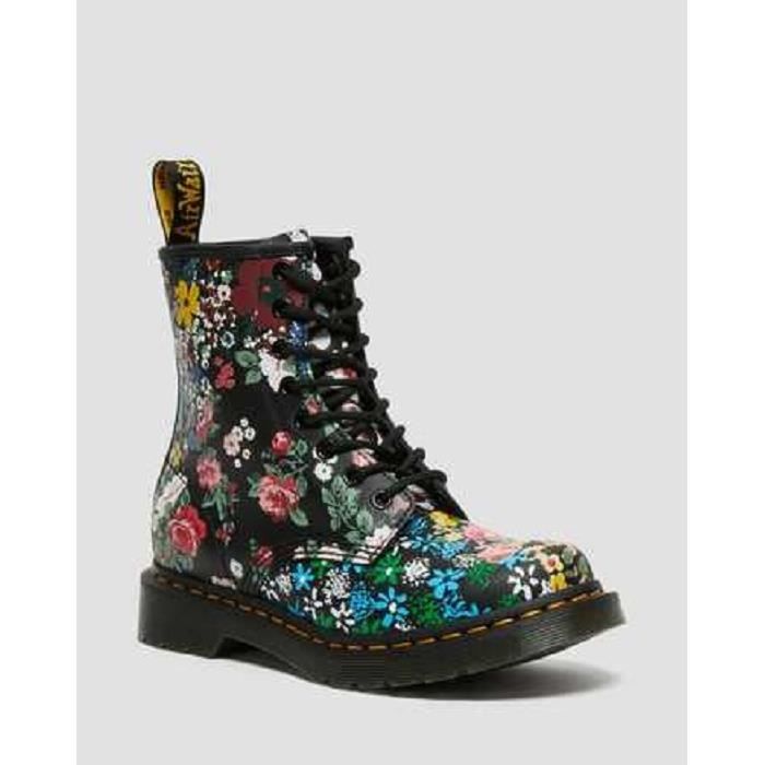 Boots lacets 1460 W FLORAL MASH UP BACKHAND - DR MARTENS - Cuir - Femme - Noir