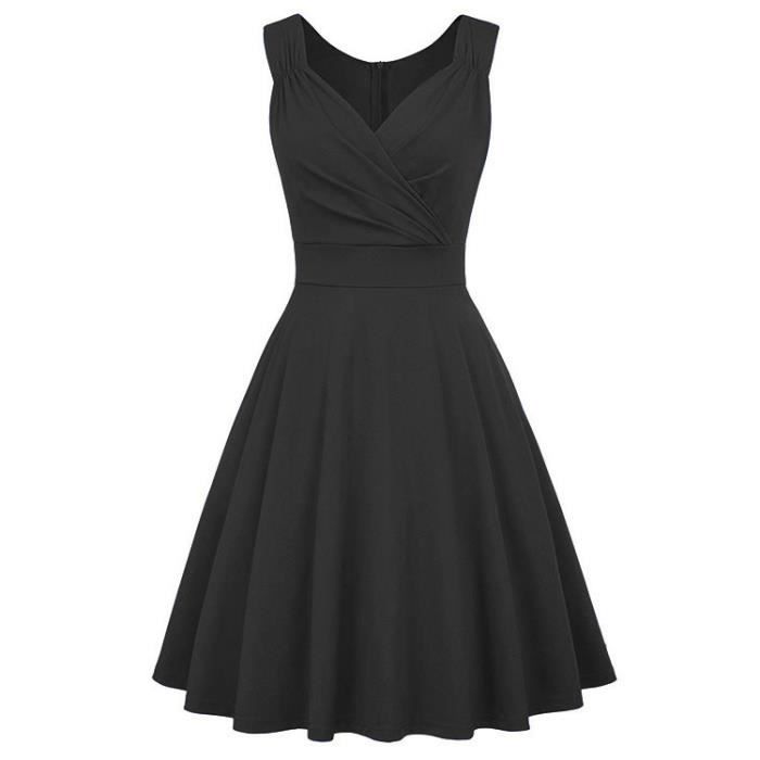 Robe de Soiree Femme Sans Manche Col V Vintage Evasee Mi longue Couleur Unie Noir Cdiscount Pret a Porter