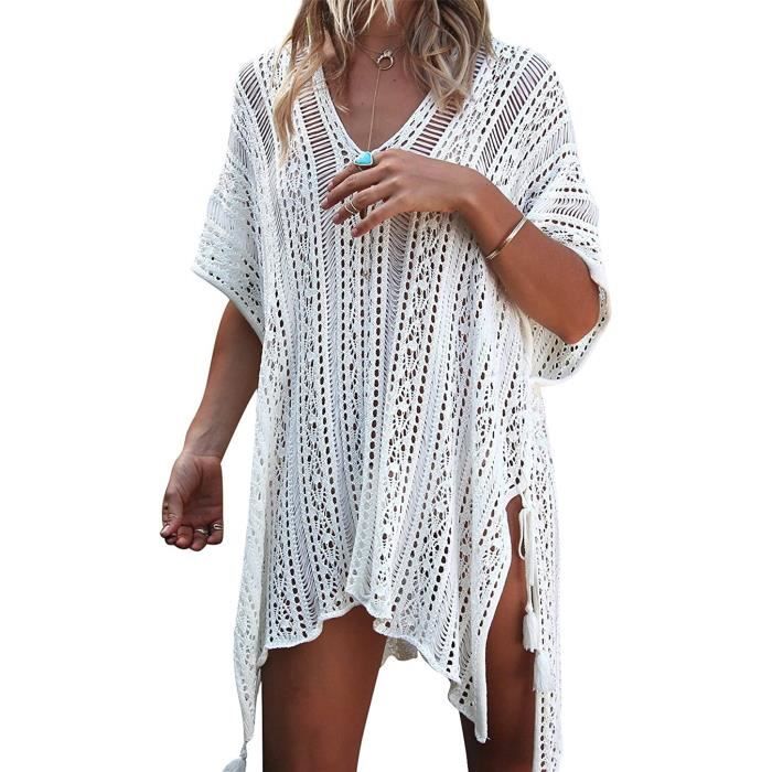 Paréo Femme Bohème Plage - Tunique Légère Crochet - Couverture Bikini Grande Taille - Col V Et Cordon Serre-Taille