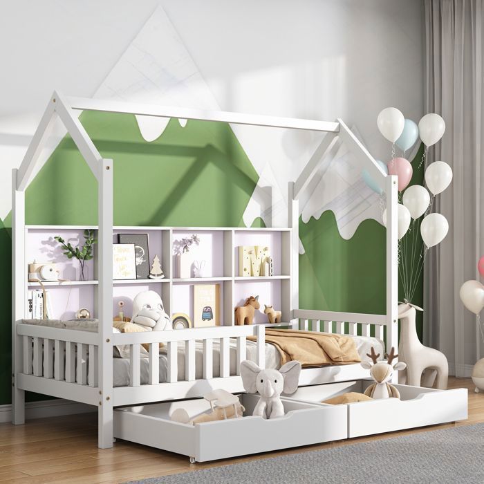 Lit Cabane Enfant 90x200 cm Avec Rangement - 2 Tiroirs - Barrières de Protection - Sommier à Lattes