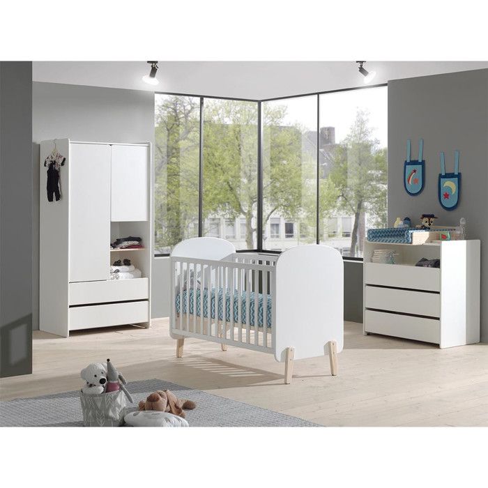 Pack - Lit Bébé 60x120cm Commode Plan à Langer & Armoire 2 Portes Kiddy Blanc Pack - Lit Bébé 60x120cm Commode Plan à Langer & Armoire 2 Portes Kiddy Blanc