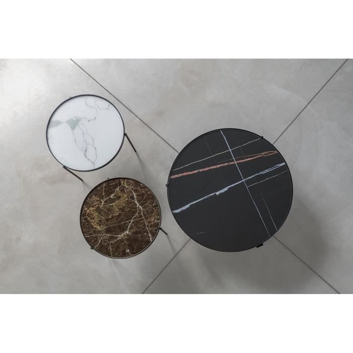 table basse ronde esprit - pezzani - composition 3 tables - acier et verre trempé - noir, marron, blanc