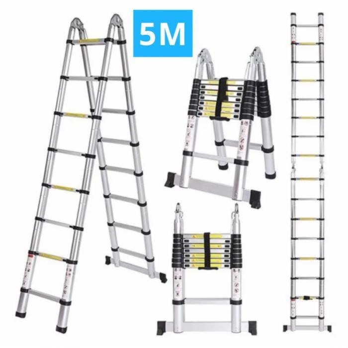 Échelle télescopique aluminium 8 marches H5m (2,5+2,5) - SECURY-T BY SAMA - Noir - Charge maximale 150 kg