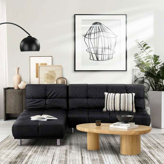 Angle Canapé-lit clic-clac + meridienne réversible gauche / droite pour couchage d’appoint en PU noir - MELLOW