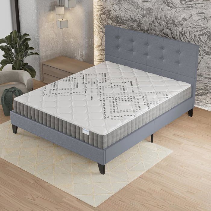 Ensemble MATELAS + LIT (140x200cm)- Eliha 20cm Ressorts ensachés & Mousse HDensité + Sommier stable & tête de lit revêtement Gris