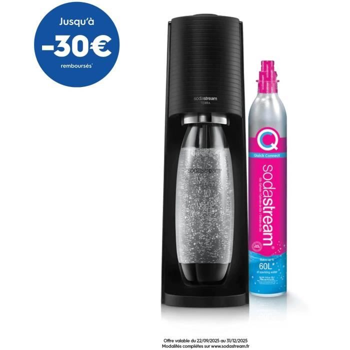 Machine à soda et eau pétillante SODASTREAM - TERRA Noire - 1 bouteille compatible lave-vaisselle - 1 recharge de gaz 60L
