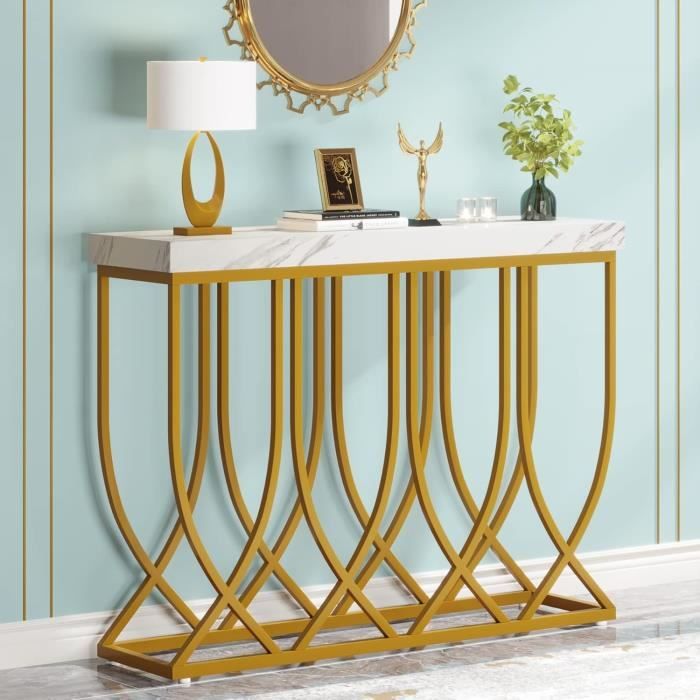 table console dorée,table console meubl, table d'appoint moderne avec placage en marbre synthétique,100 x 30 x 80 cm, avec pied94
