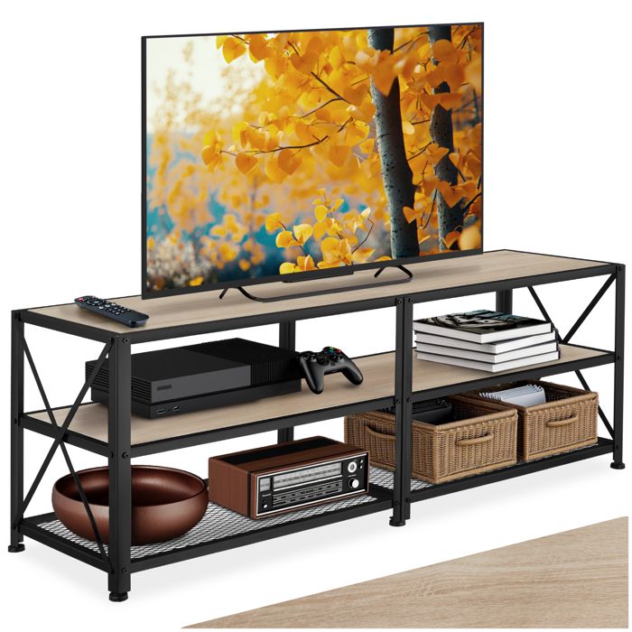 Meuble TV - TECTAKE - Meuble de salon CHICAGO en bois et acier style industriel avec 3 rangements 141 x 415 x 505 cm - Bois clair