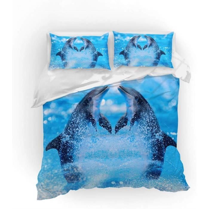 Dauphin Animal 3D Imprimé Housse De Couette,Parure De Lit 200X200 Cm Housses De Couettes Fermeture À Glissière Microfibre Et 2 Douxtaie D'oreiller Pour 3 Pièces Ensemble De Literie -911Y369T476