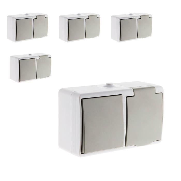 Zenitech Interruttore Va E Vieni + Presa 2P+T IP54 Impermeabile - Grigio Chiaro, Per Esterni, Certificato CE E NF