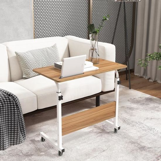 Table Roulante Pour Ordinateur Portable Sogesfurniture - Hauteur Réglable 67-115cm - Plateau 80x60cm - Bureau Mobile Avec Roulettes - Blanc