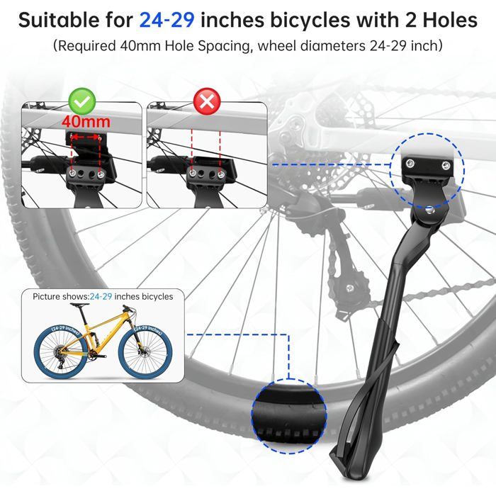 Béquille De Vélo Réglable - Alliage Aluminium - Pour Roues 24 à 29 Pouces - Noire