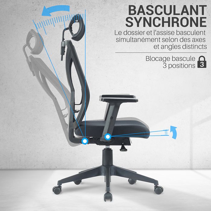 Fauteuil bureau ergonomique noir appui-tête réglable, dossier respirant ...