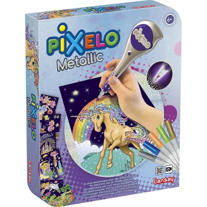 Lansay Pixelo Metallic Creations - Kit Dessin Métallisé - 8 Illustrations + 6 Feutres - Dès 6 Ans