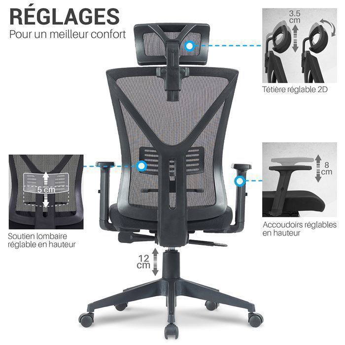 Fauteuil bureau ergonomique noir appui-tête réglable, dossier respirant ...