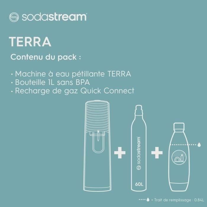 SodaStream TERRA Machine à Eau Pétillante - Pack 1 Bouteille 1L Compatible  Lave-Vaisselle + 1 Recharge de Gaz 60L à Clipser - Noire - Cdiscount  Electroménager