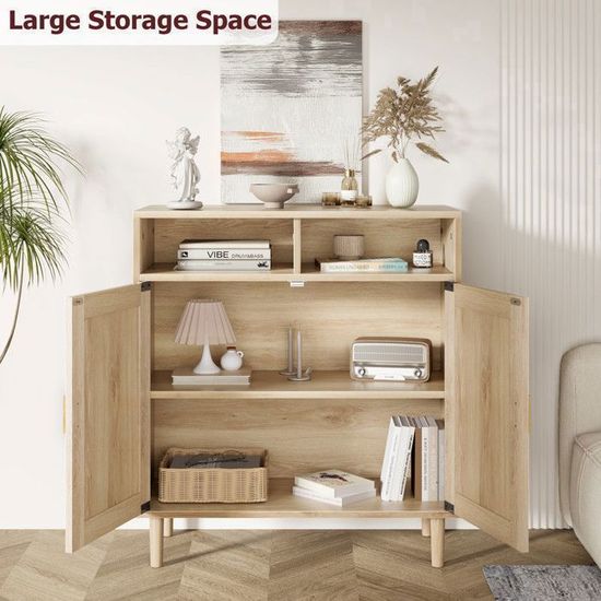 Buffet En Rotin 80x40x83 Cm - Armoire De Cuisine 2 Portes Avec Étagères Réglables, Meuble De Rangement Moderne