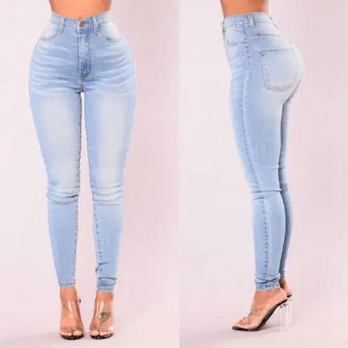 Jean moulant en denim pour femme pantalon moulant taille haute leggings push up poches slim bouton crayon sexy BLEU CIEL E