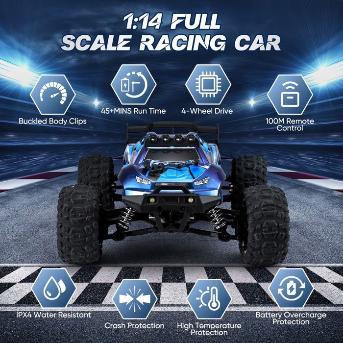 Voiture Télécommandée 1/14 Brushless 4WD - Vitesse 70 Km/h, Tout-terrain, Batterie 1500 MAh - Pour Adultes Et Passionnés