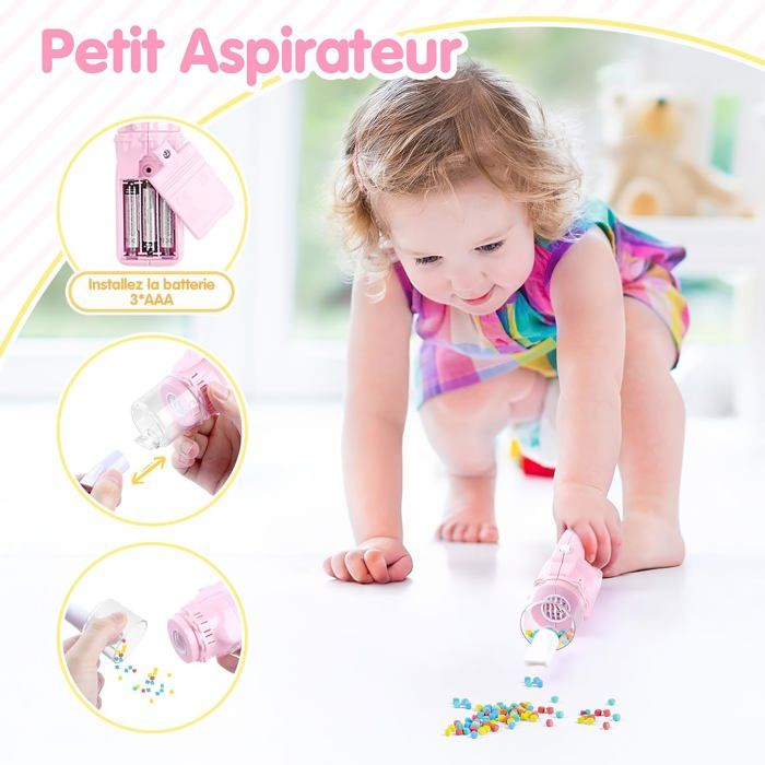 PLAY Aspirateur Enfant 2 En 1 – À Pousser Et à Main – Effets Sonores Et Aspiration – 64 Particules EVA – Dès 3 Ans – Rose