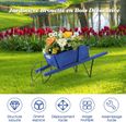 GOPLUS Support de Plantes en Forme de Brouette en Bois, Support de Pots de Fleurs décoratif avec Roue en métal, 9 Accessoires, Bleu-4