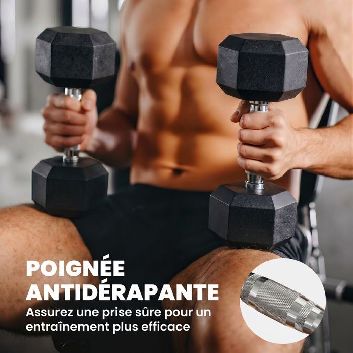 Haltères Hexagonaux HOMCOM - Lot De 2 - Poids De 4 à 20 Kg (fonte Avec Revêtement Caoutchouc) - Poignée Moletée Antidérapante - Pour Musculation à La Maison Ou En Salle - 2