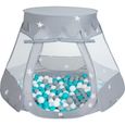 Tente de jeu pour enfants Selonis - Château avec 100 balles plastiques - Gris-Blanc-Turquoise-0