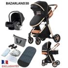 BAZARLAND30.Poussette 3 en 1 Bébé Combinée Siège-Auto Nacelle Trio Réversible Réglable Haute Qualité Roues increvables Canne noir.